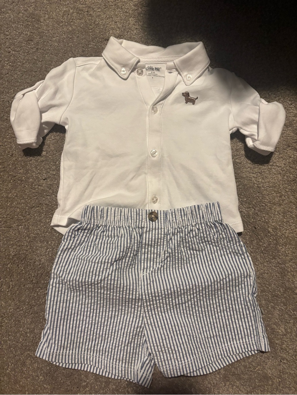 Little Me White Polo Top with Striped Blue  Shorts